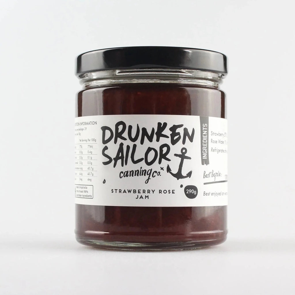 Drunken Sailor Strawberry Rose Jam available at The Prickly Pineapple