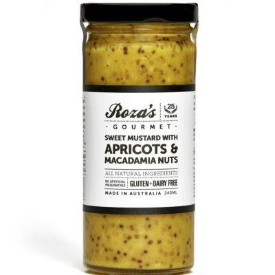 Roza's Sweet Mustard with Apricots & Macadamia Nuts 240ml available at The Prickly Pineapple