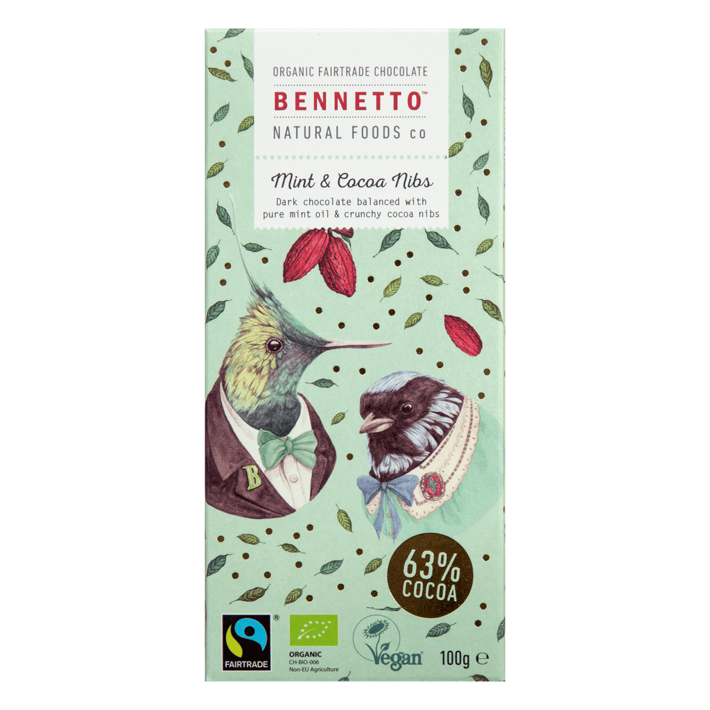 Bennetto Natural Foods Co Mint and Cocoa Nibs Dark Chocolate 100g available at The Prickly Pineapple