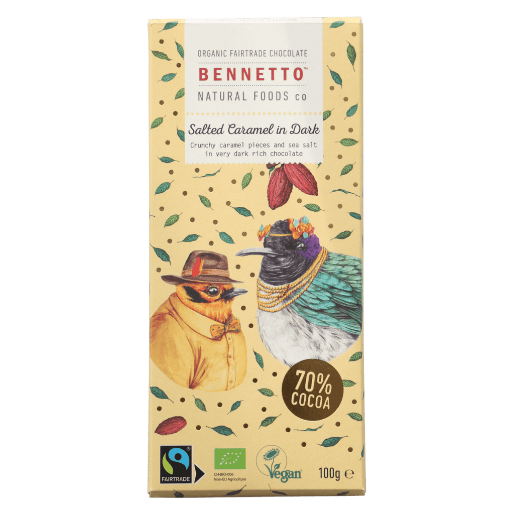 Bennetto Natural Foods Co Salted Caramel in Dark Chocolate 100g available at The Prickly Pineapple