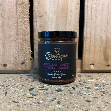 Boutique Sauces Chocolate Salted Caramel Sauce 270ml bottle available at The Prickly Pineapple