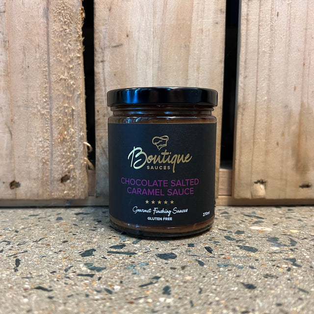 Boutique Sauces Chocolate Salted Caramel Sauce 270ml bottle available at The Prickly Pineapple