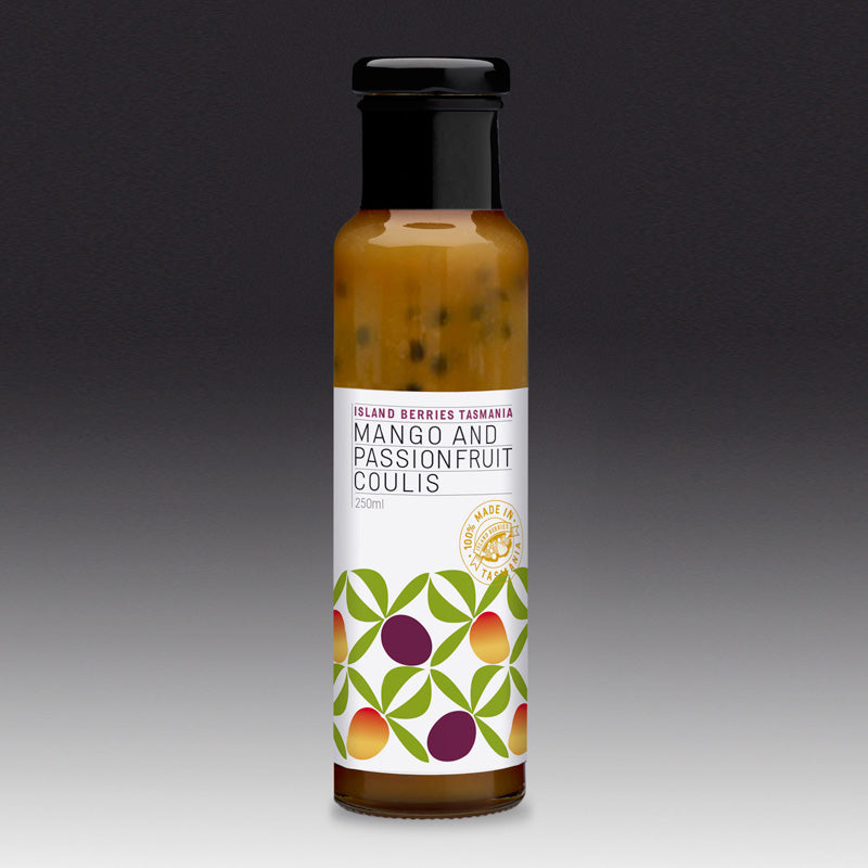 Island Berries Tasmania Mango & Passionfruit Coulis 250ml available at The Prickly Pineapple