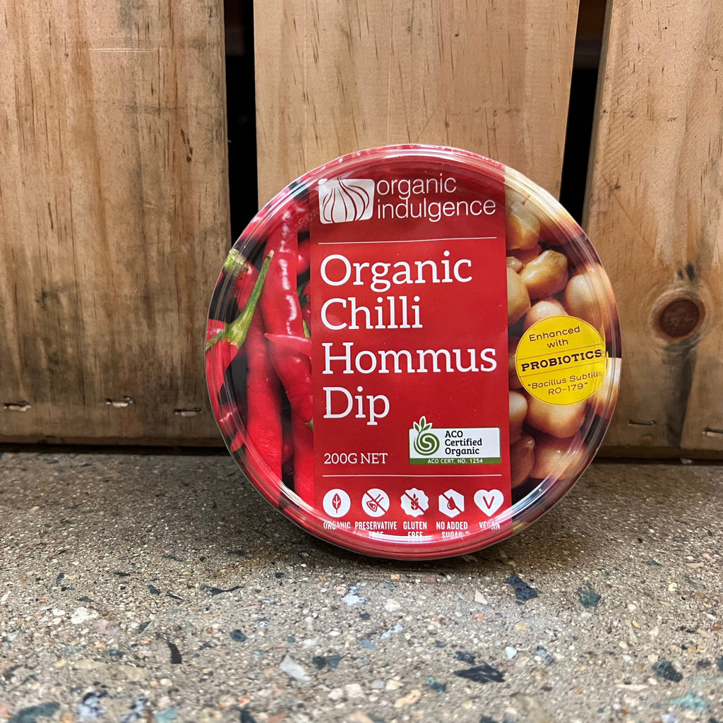 Organic Indulgence Dip Varieties 200g chilli hommus available at The Prickly Pineapple